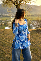 Blue Flower Print Full-Sleeve Short Kurti