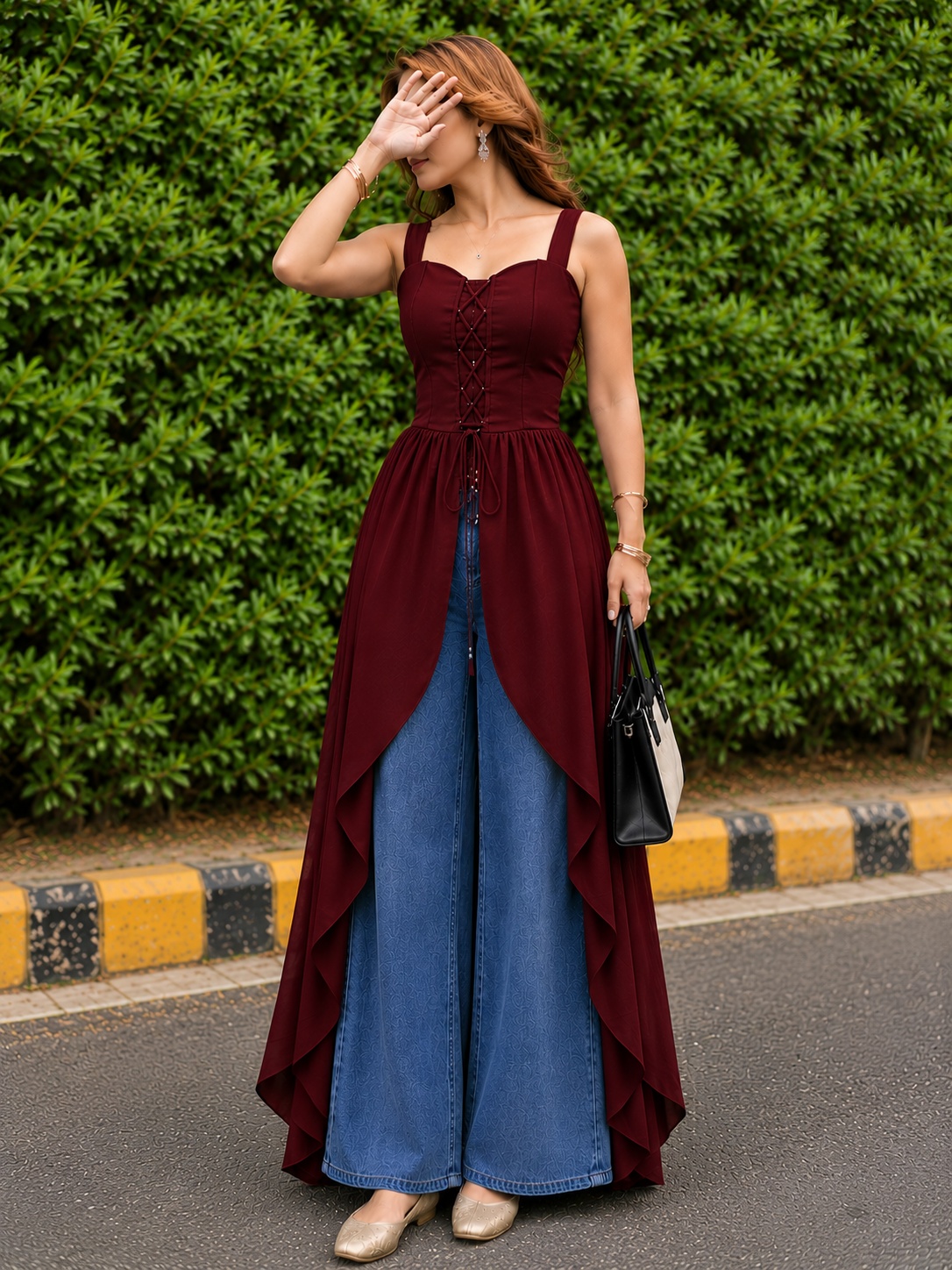Trending Solid Lace-Up Corset Overlay Kurti with corset back and front