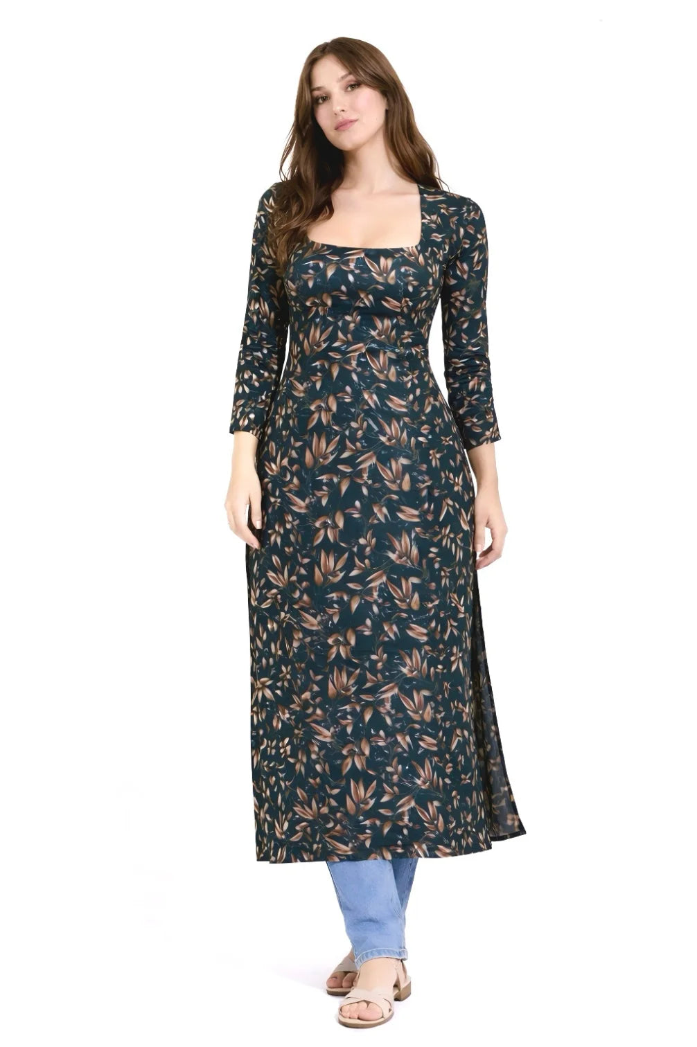 Long Kurta Wide Neck With Slight Sweetheart Cut Green