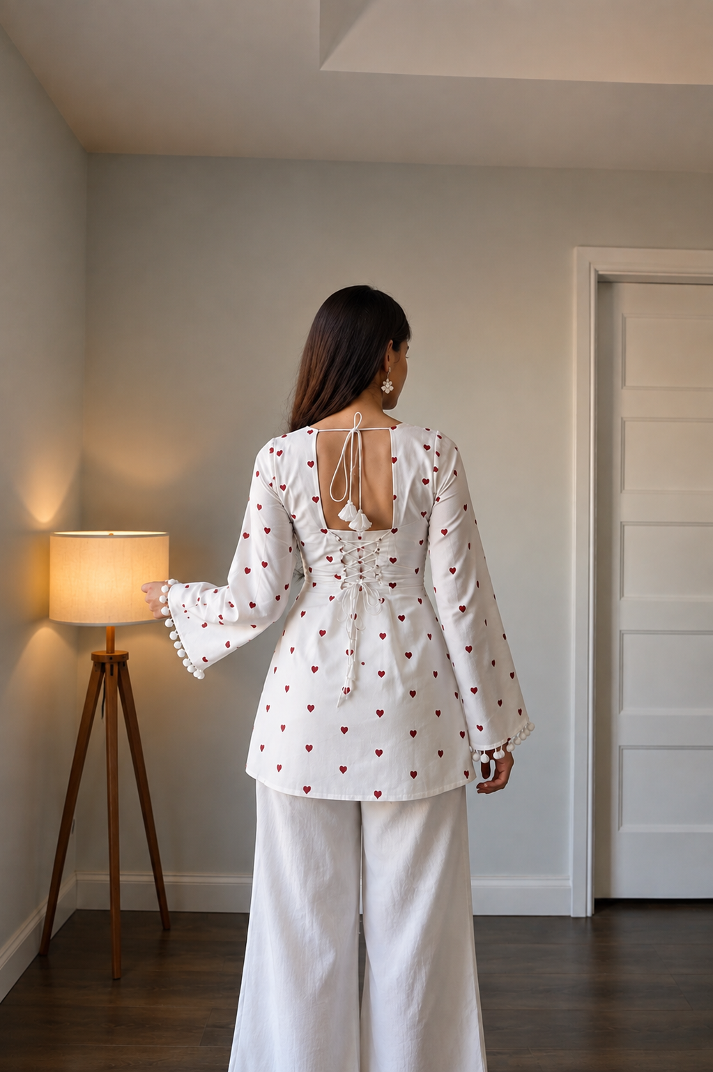 HOS Red Heart Print kurti with corset back and lace work