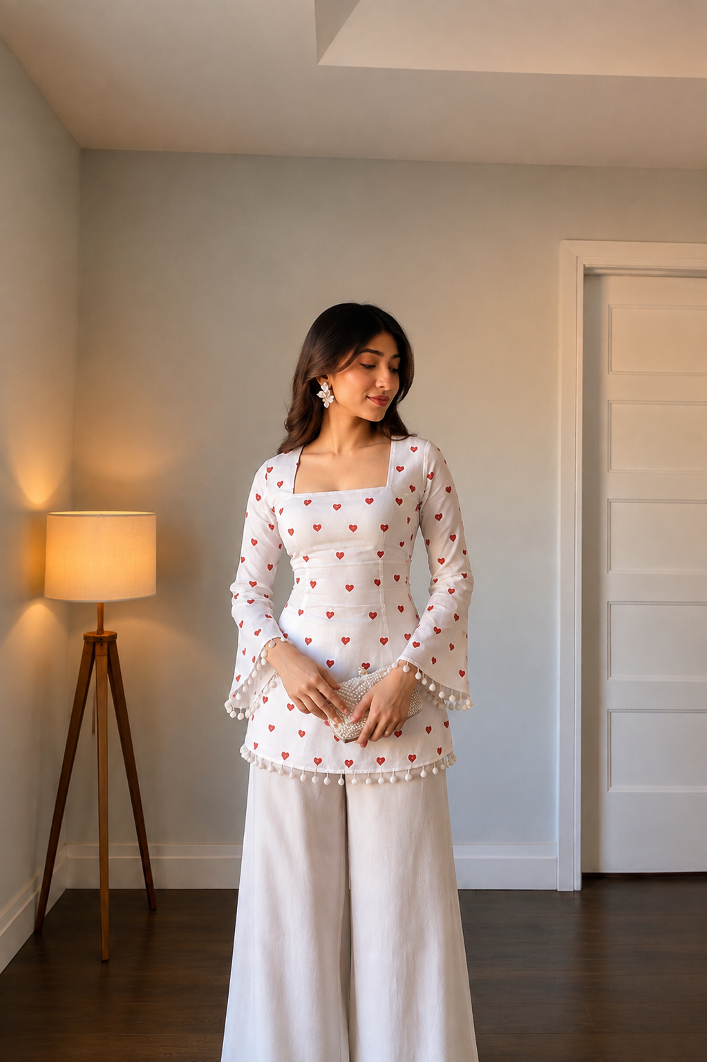 HOS Red Heart Print kurti with corset back and lace work