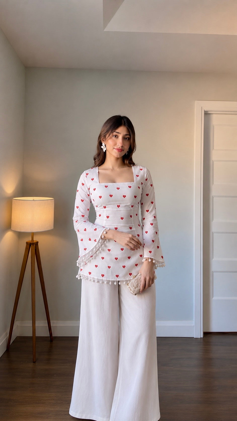 HOS Red Heart Print kurti with corset back and lace work