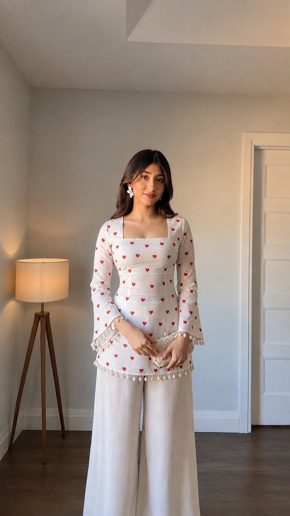 HOS Red Heart Print kurti with corset back and lace work