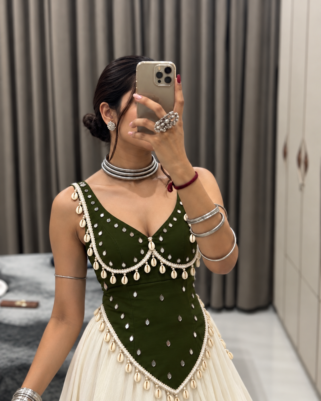Long V neck kurti with mirror design and lace work