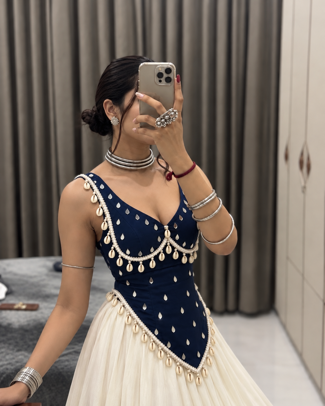 Long V neck kurti with mirror design and lace work