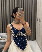 Long V neck kurti with mirror design and lace work