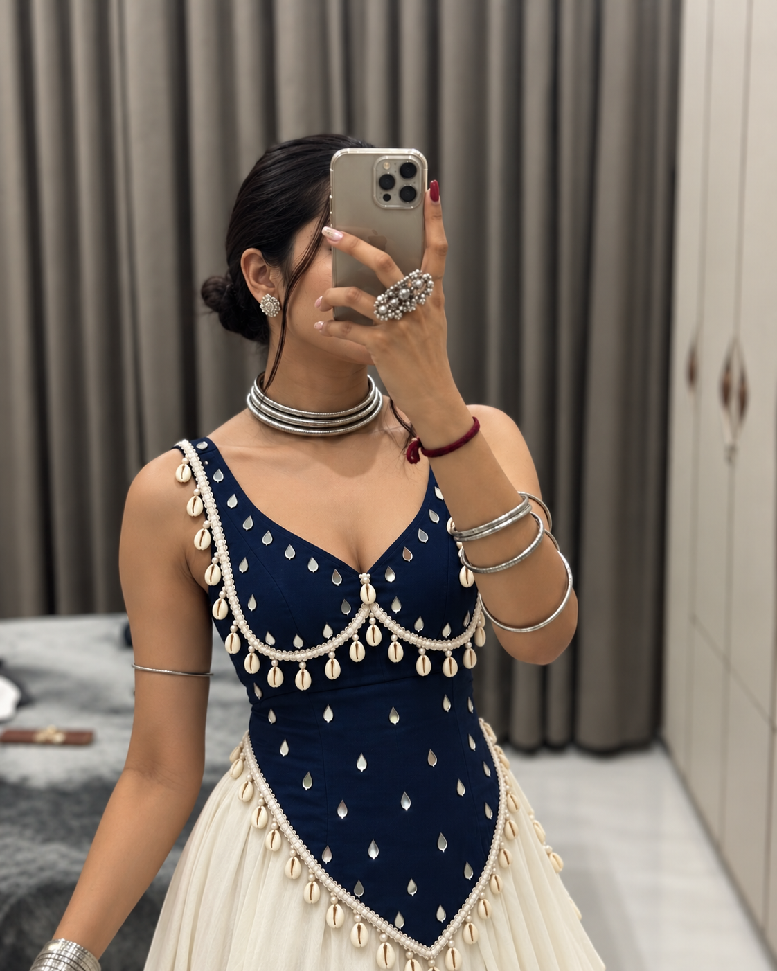 Long V neck kurti with mirror design and lace work