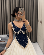 Long V neck kurti with mirror design and lace work