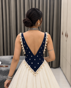 Long V neck kurti with mirror design and lace work