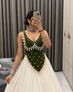 Long V neck kurti with mirror design and lace work