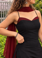 Midnight Maroon Noodle-Strap Kurti Set with Dupatta