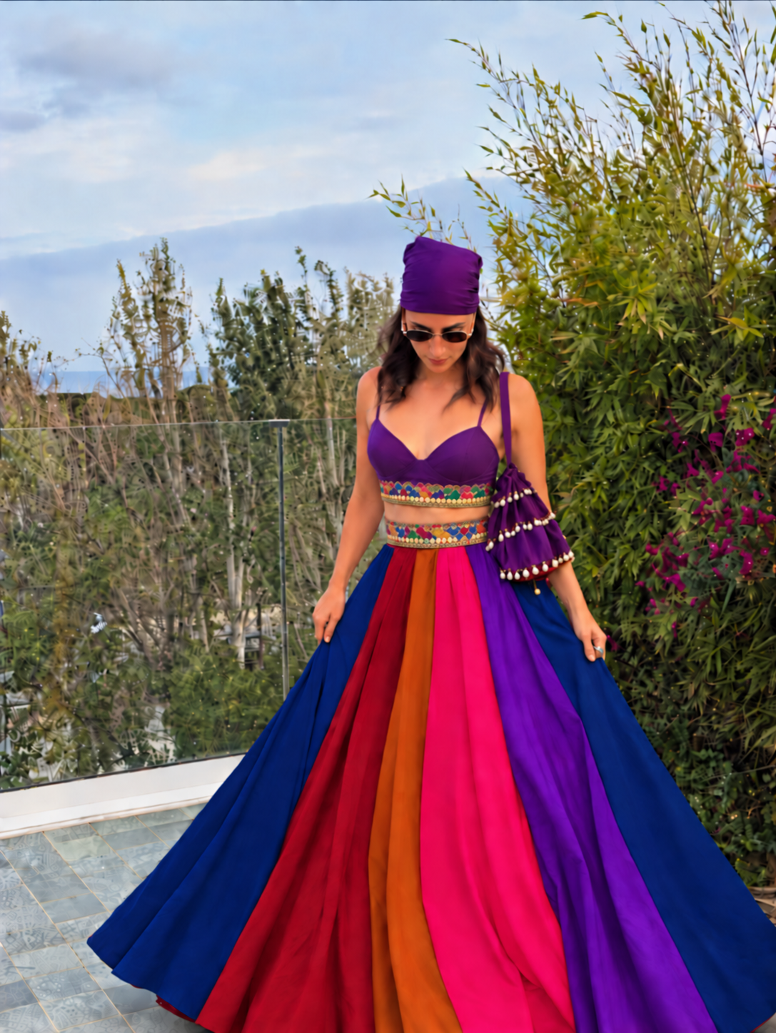 Rainbow heavy flared lehnga Skirt  with corset blouse , Bandana and boho bag Set