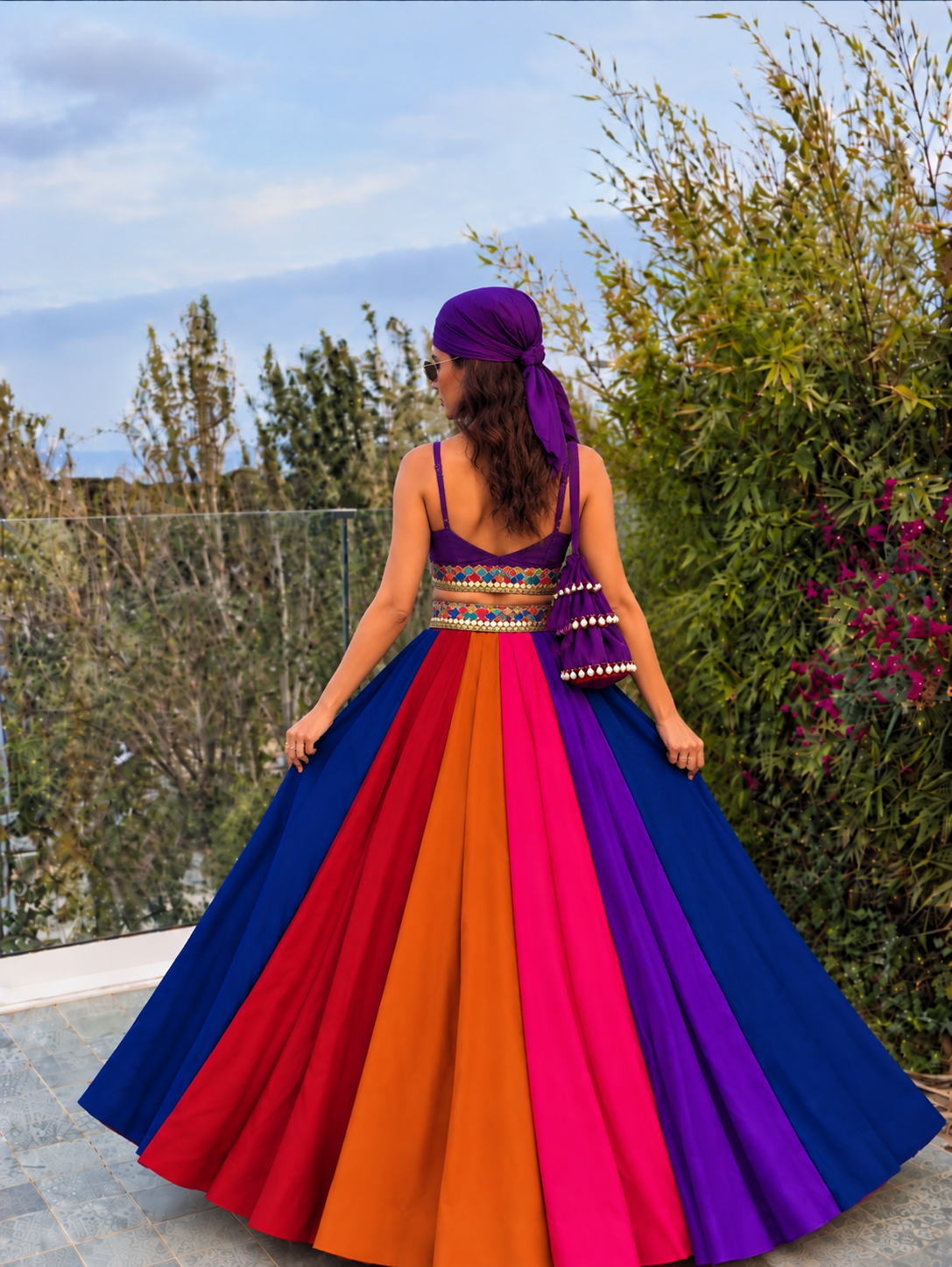 Rainbow heavy flared lehnga Skirt  with corset blouse , Bandana and boho bag Set