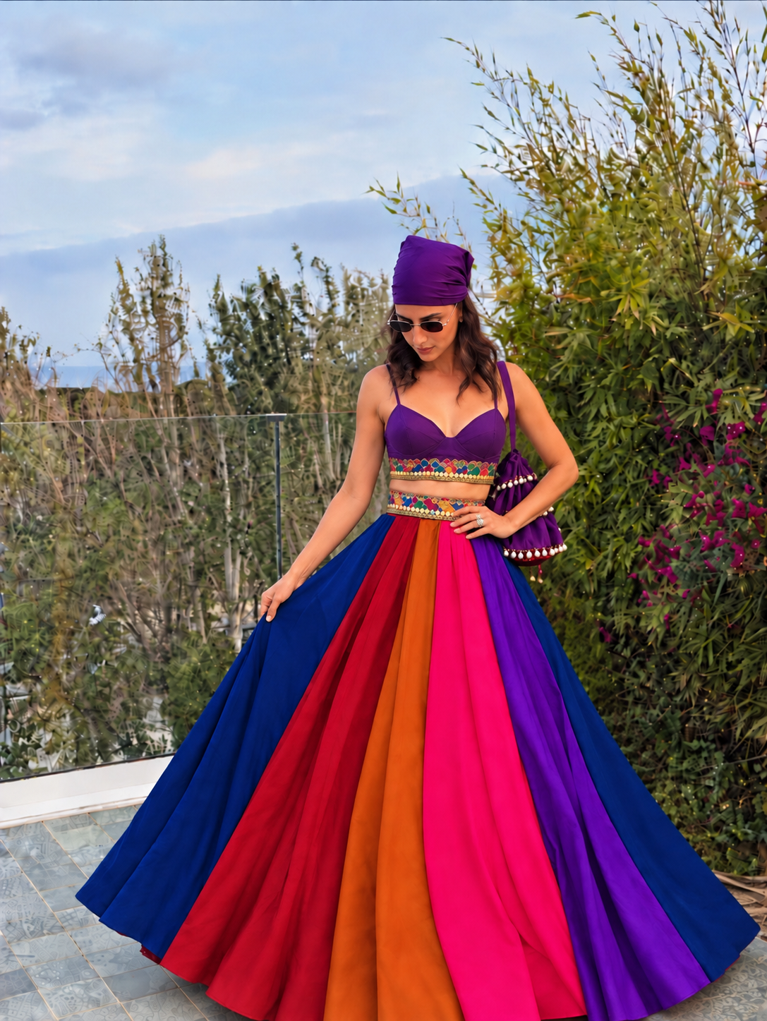 Rainbow heavy flared lehnga Skirt  with corset blouse , Bandana and boho bag Set