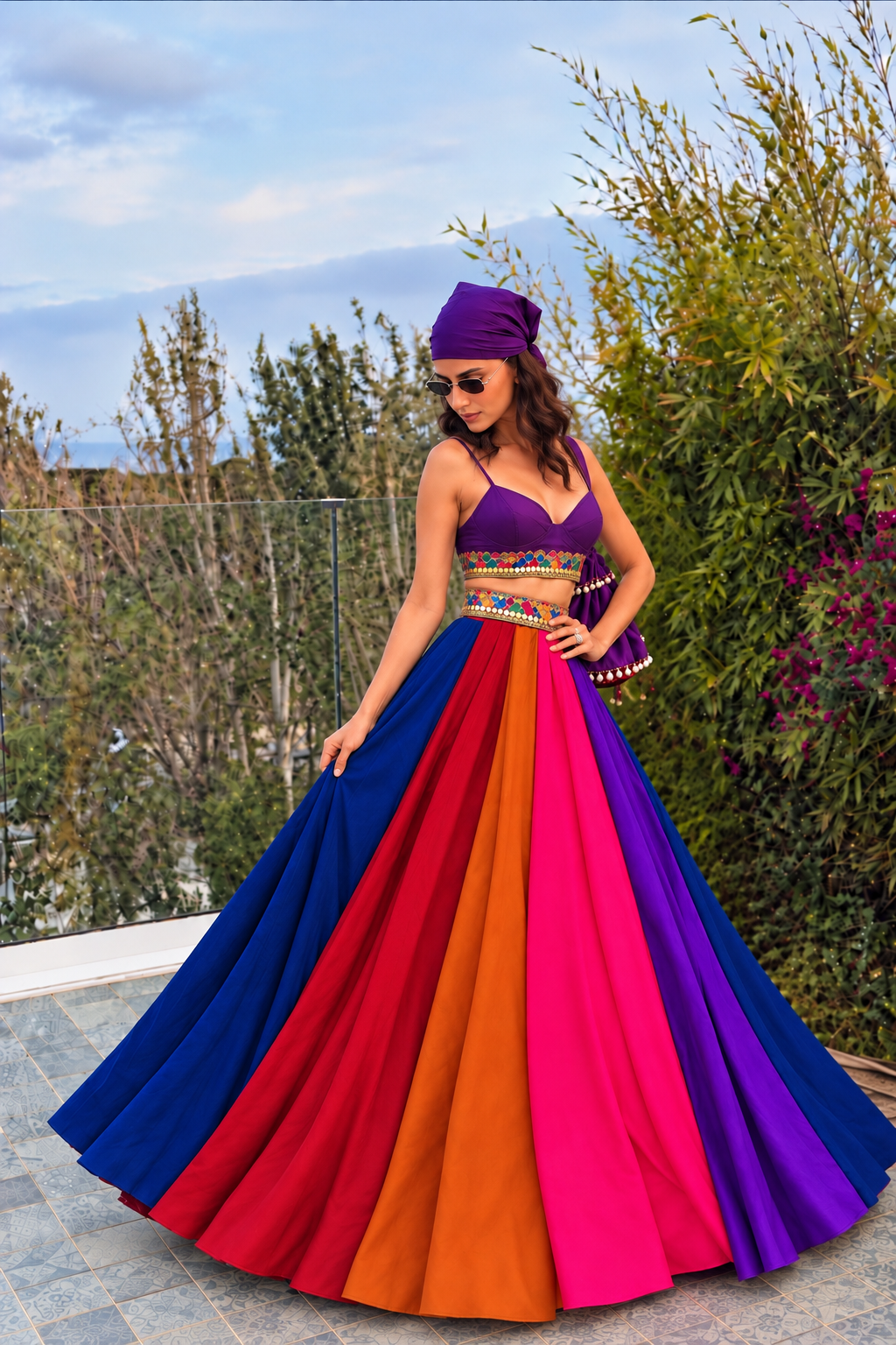 Rainbow heavy flared lehnga Skirt  with corset blouse , Bandana and boho bag Set