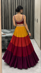 Tassel blouse with multicolour heavy flared Skirt