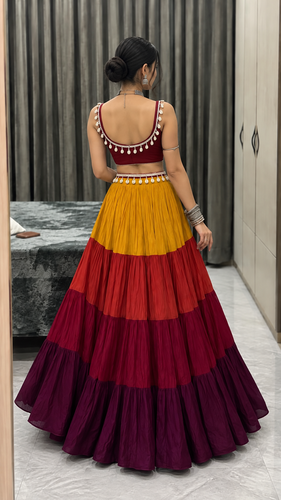 Tassel blouse with multicolour heavy flared Skirt