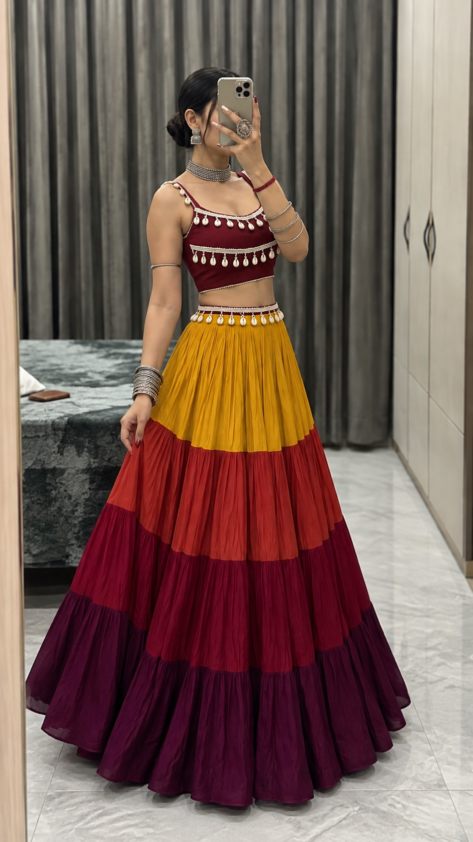 Tassel blouse with multicolour heavy flared Skirt