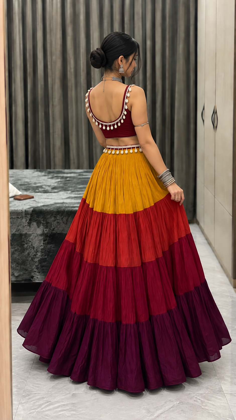 Tassel blouse with multicolour heavy flared Skirt