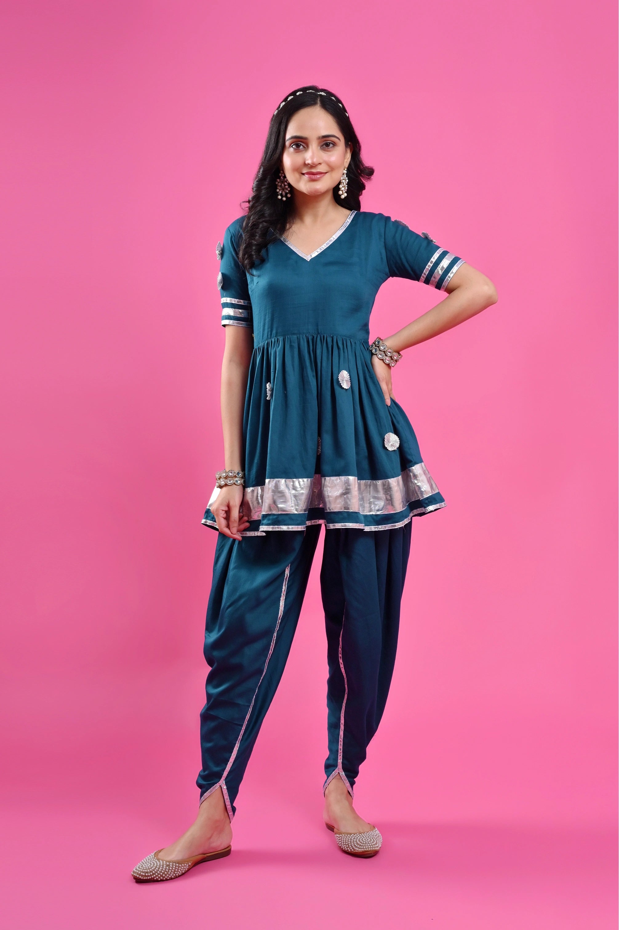 Frock Style Kurti With Patiyala And Gotta Pati Handwork