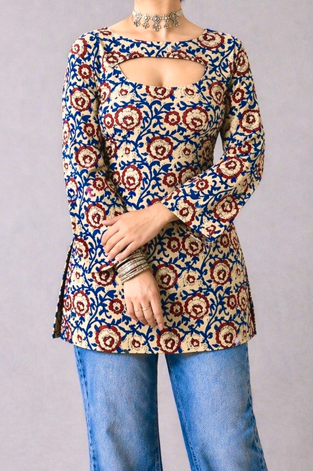 Sanganeri Pure Cotton Detachable Sleeve Two Piece Kurti Set