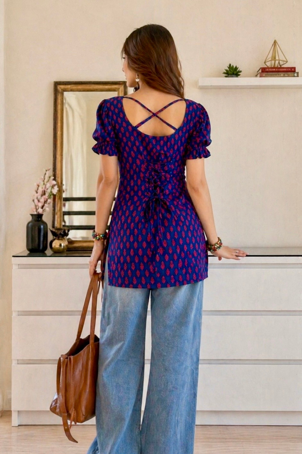 Pure cotton Hand printed Buti Print Puff Sleeves Short kurti with corset set back