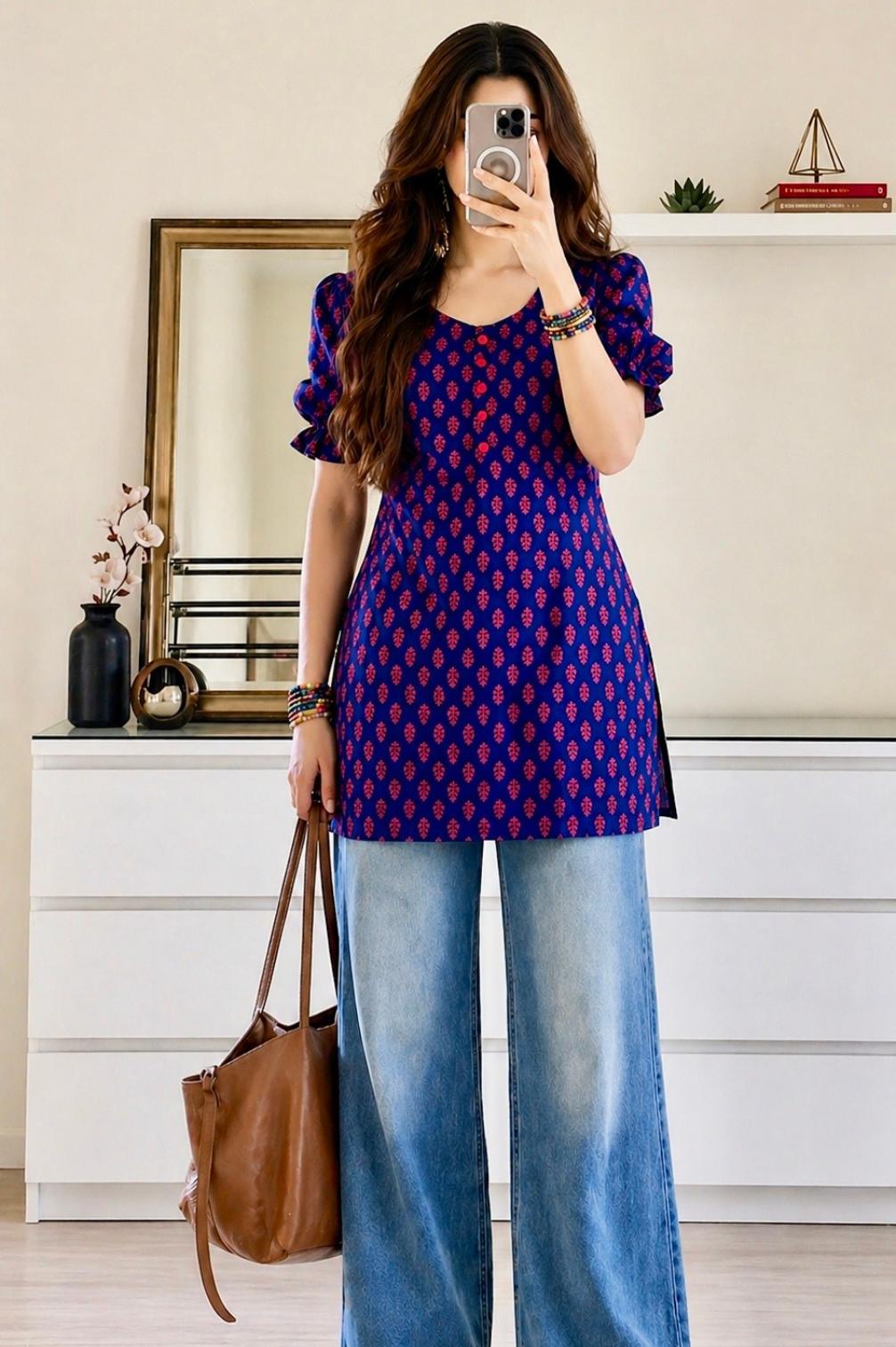 Pure cotton Hand printed Buti Print Puff Sleeves Short kurti with corset set back