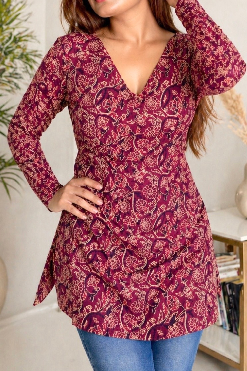 Pure Cotton Hand Printed Sanganeri Print Full Sleeves Short Kurti With Corset Back