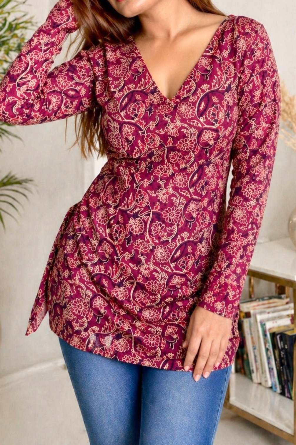 Pure Cotton Hand Printed Sanganeri Print Full Sleeves Short Kurti With Corset Back