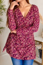 Pure Cotton Hand Printed Sanganeri Print Full Sleeves Short Kurti With Corset Back