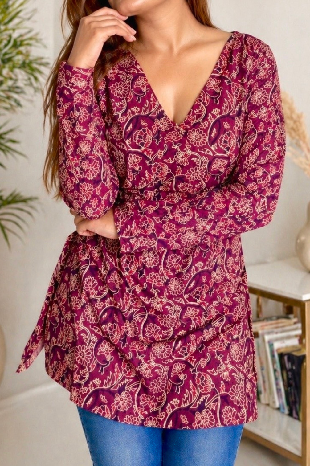 Pure Cotton Hand Printed Sanganeri Print Full Sleeves Short Kurti With Corset Back