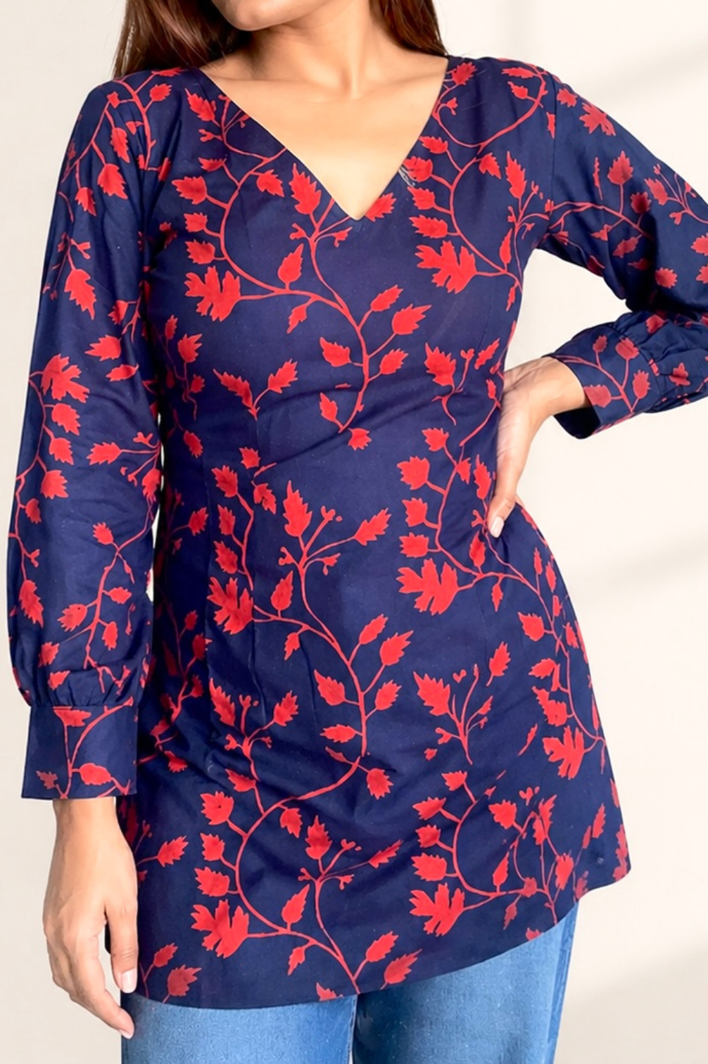 Pure Cotton Hand Printed Sanganeri Print full Sleeves Short Kurti With Corset Back
