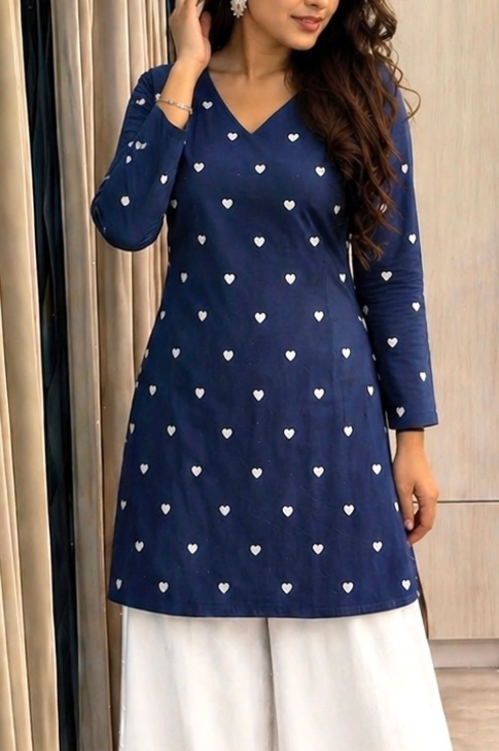 Pure Cotton Hand Printed Heart Shape Print Full Sleeves Short Kurti With Corset Back