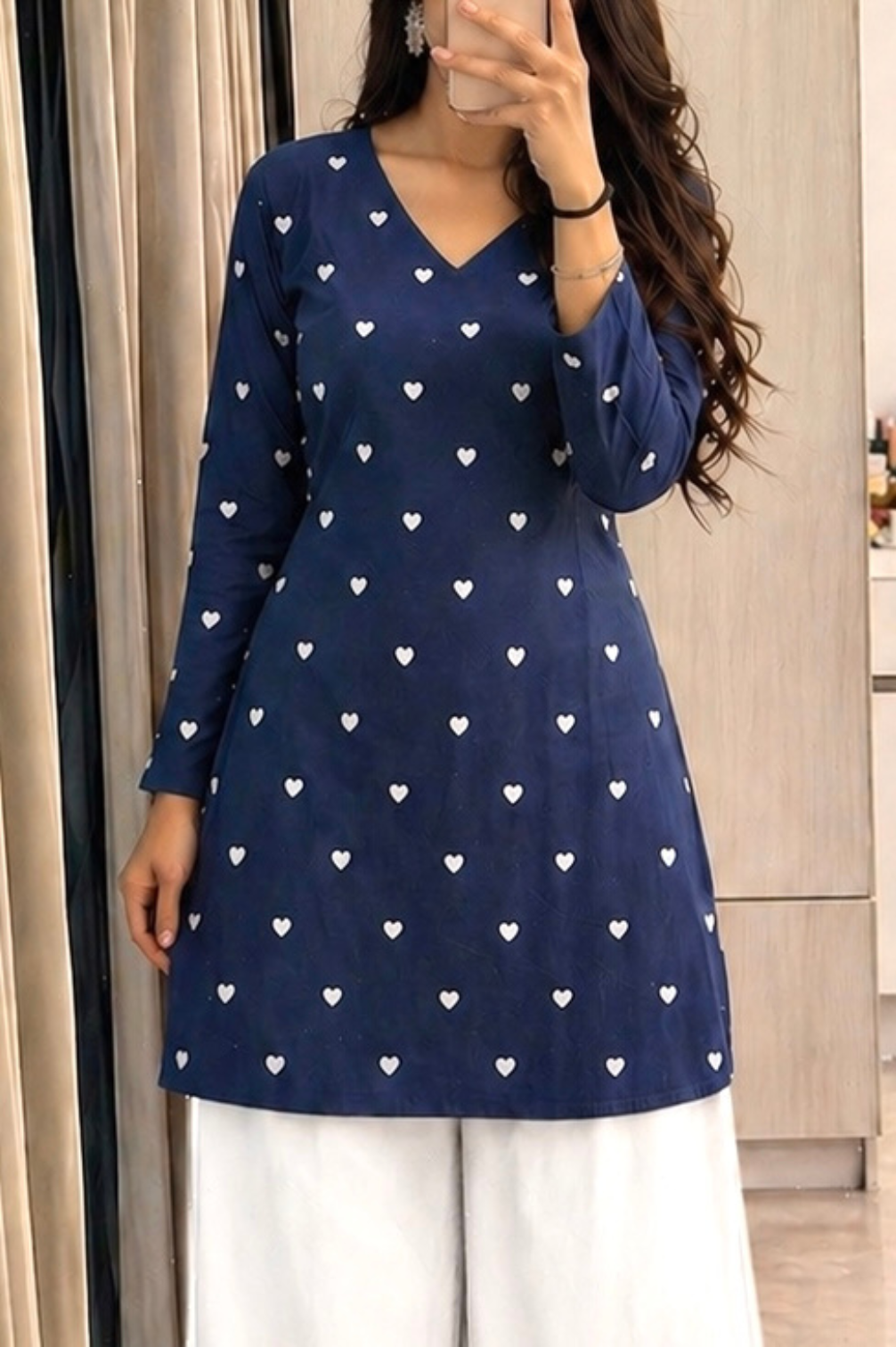Pure Cotton Hand Printed Heart Shape Print Full Sleeves Short Kurti With Corset Back