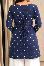 Pure Cotton Hand Printed Heart Shape Print Full Sleeves Short Kurti With Corset Back