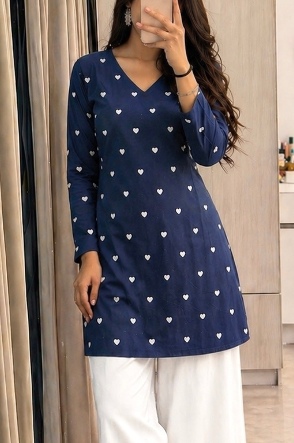 Pure Cotton Hand Printed Heart Shape Print Full Sleeves Short Kurti With Corset Back