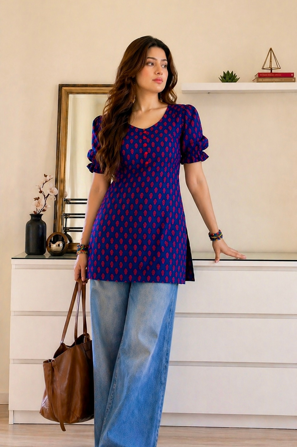 Pure cotton Hand printed Buti Print Puff Sleeves Short kurti with corset set back