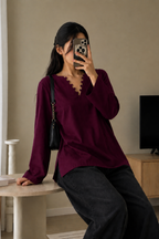 Elegant Rayon V-Neck Top with Scallop Detail