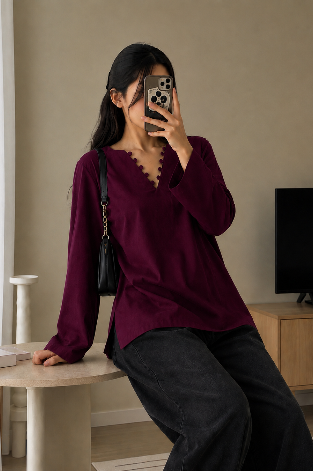 Elegant Rayon V-Neck Top with Scallop Detail