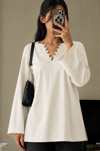 Elegant Rayon V-Neck Top with Scallop Detail
