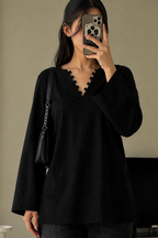 Elegant Rayon V-Neck Top with Scallop Detail