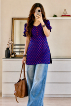 Pure cotton Hand printed Buti Print Puff Sleeves Short kurti with corset set back