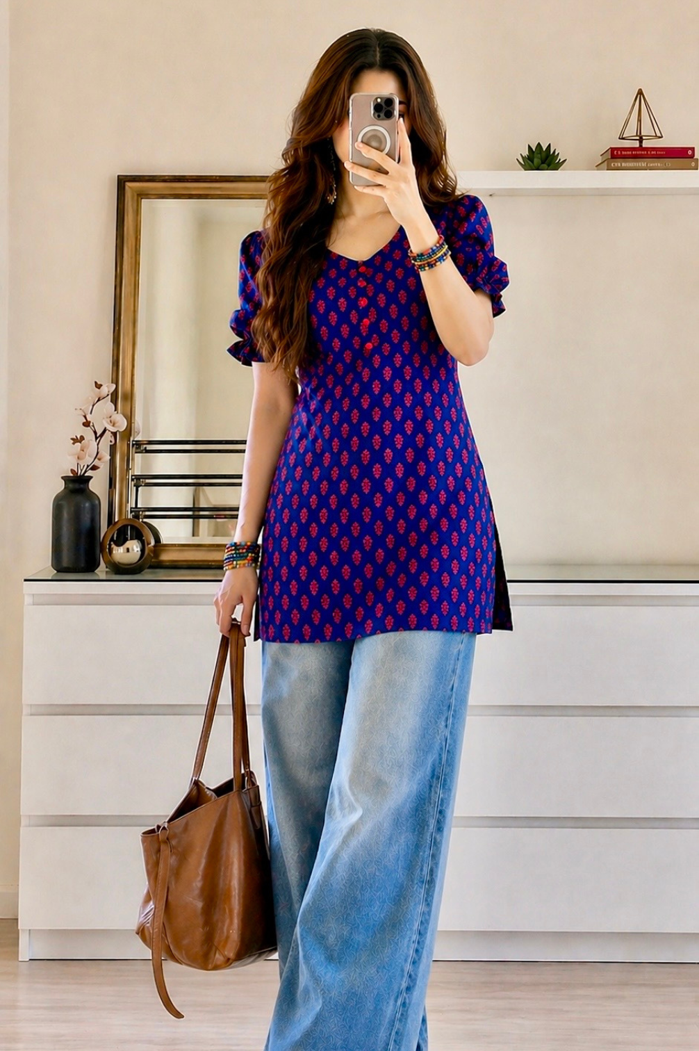 Pure cotton Hand printed Buti Print Puff Sleeves Short kurti with corset set back