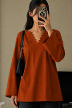 Elegant Rayon V-Neck Top with Scallop Detail