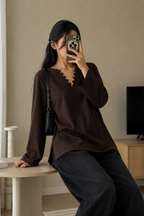 Elegant Rayon V-neck Top with Scallop Details