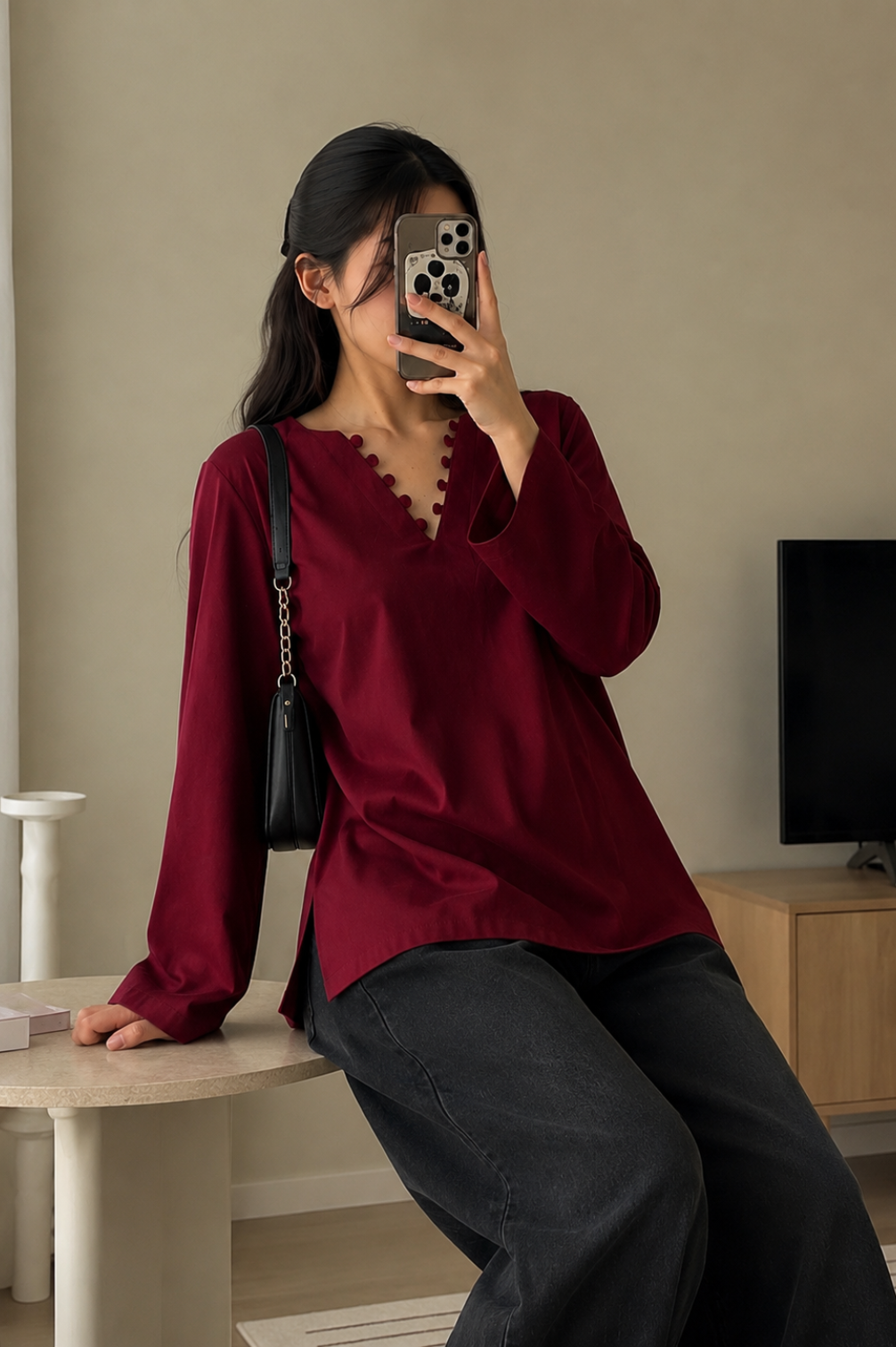 Elegant Rayon V-Neck Top with Scallop Detail
