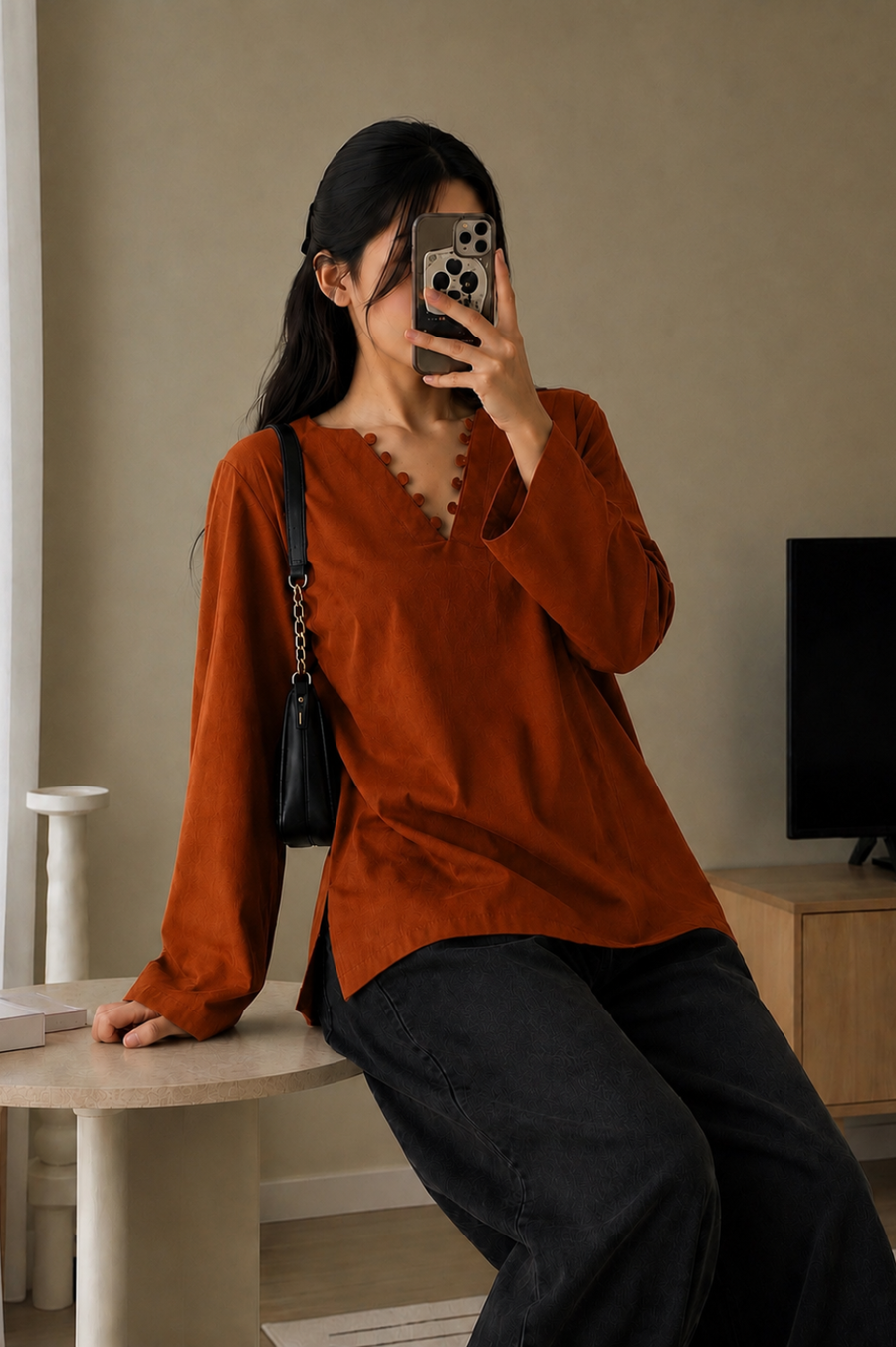 Elegant Rayon V-neck Top with Scallop Details