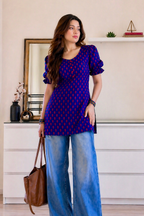 Pure cotton Hand printed Buti Print Puff Sleeves Short kurti with corset set back