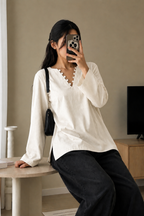 Elegant Rayon V-neck Top with Scallop Details