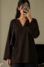 Elegant Rayon V-Neck Top with Scallop Detail